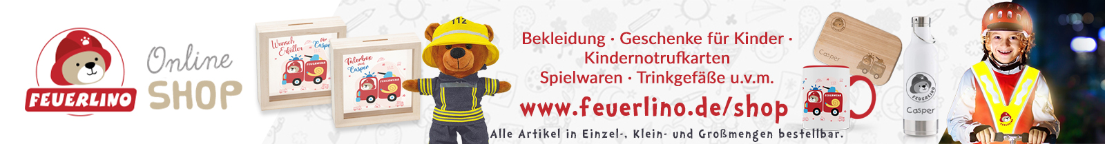 Feuerlino Onlineshop - Fanshop für kleine Feuerwehrfans - Kindernotrufkarten und Notfall-Ausweise online bestellen